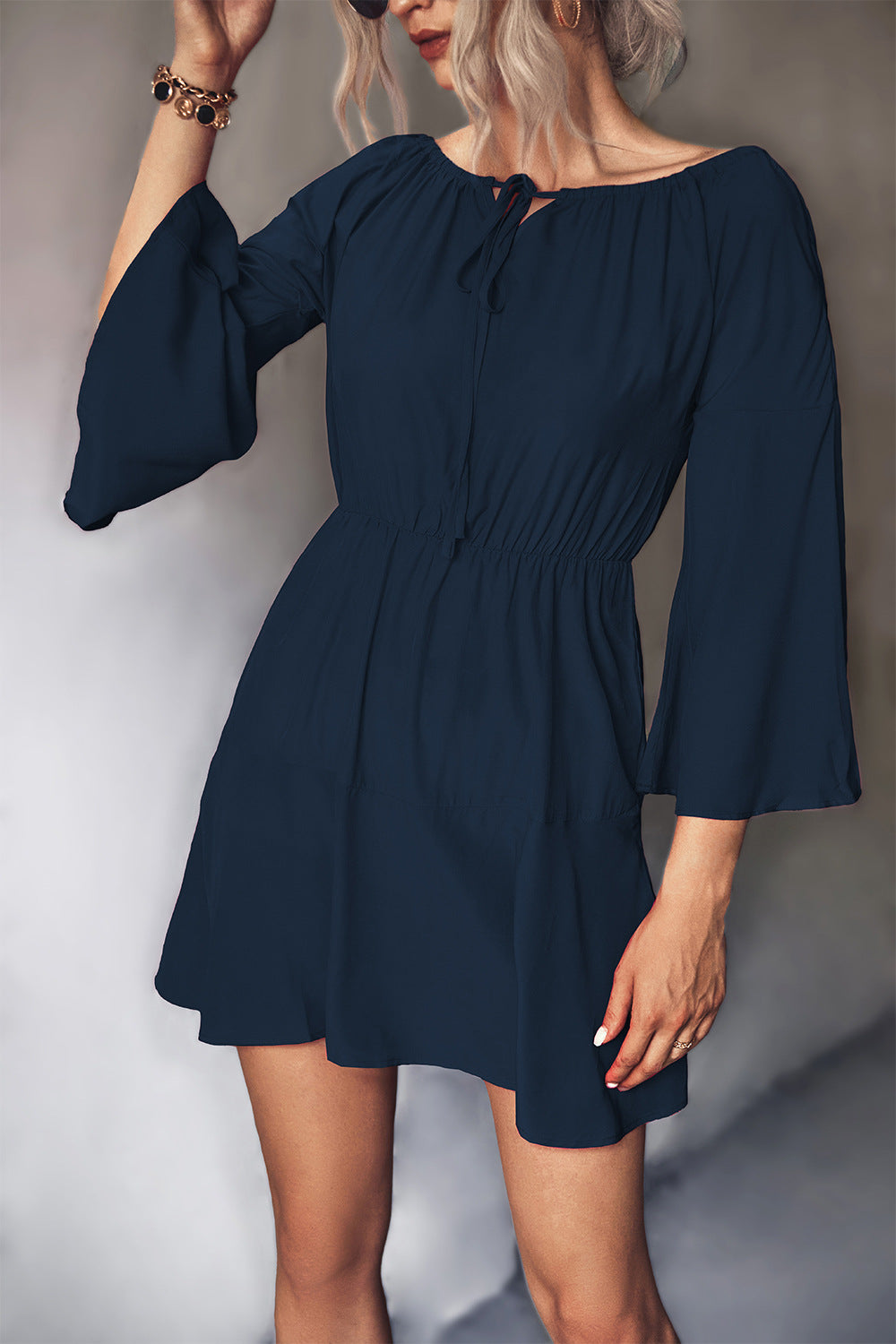 Tie Neck Flare Sleeve Mini Dress