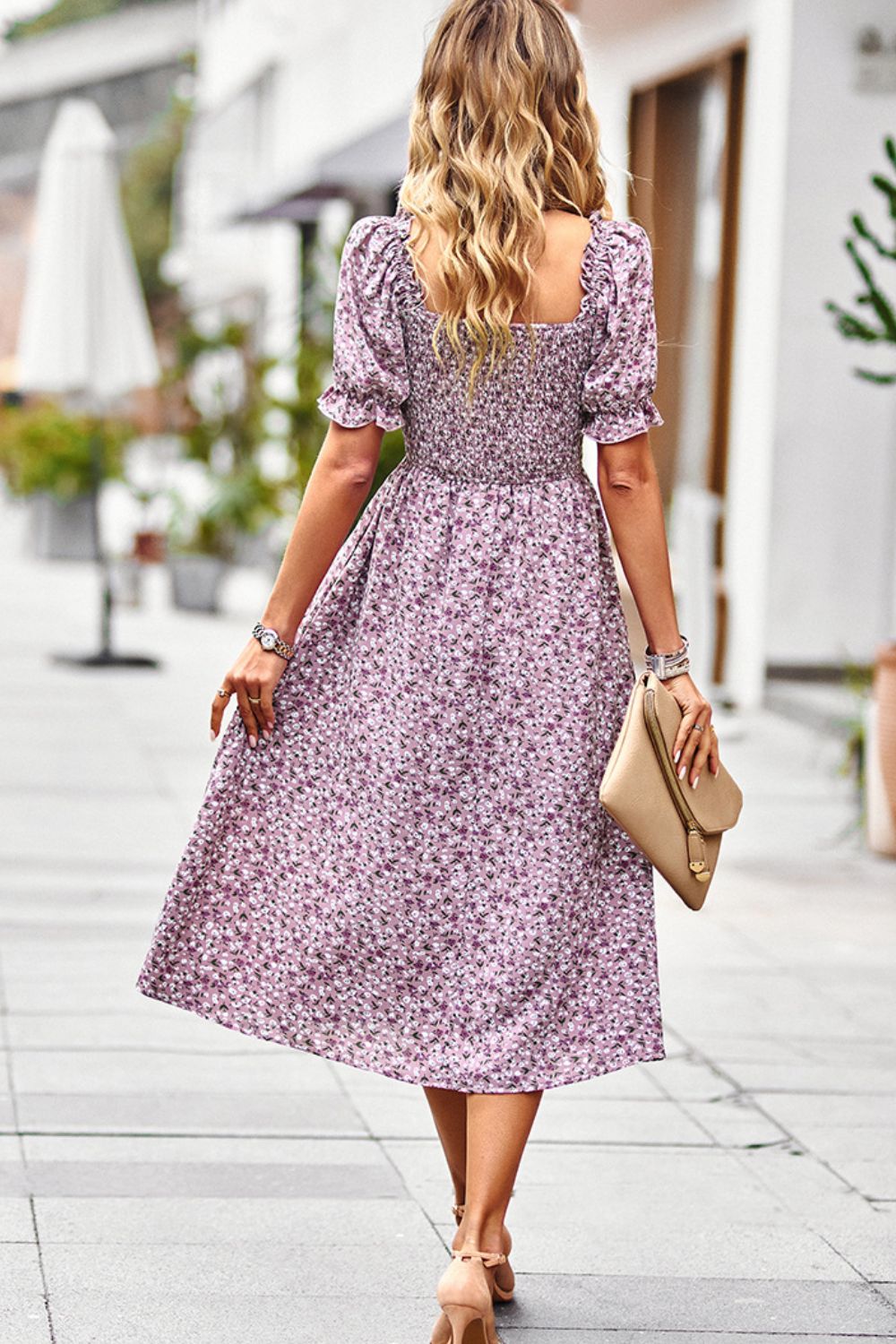 Floral Ruffled Square Neck Dress with Pockets