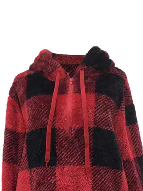 Plaid Half Zip Drawstring Hoodie