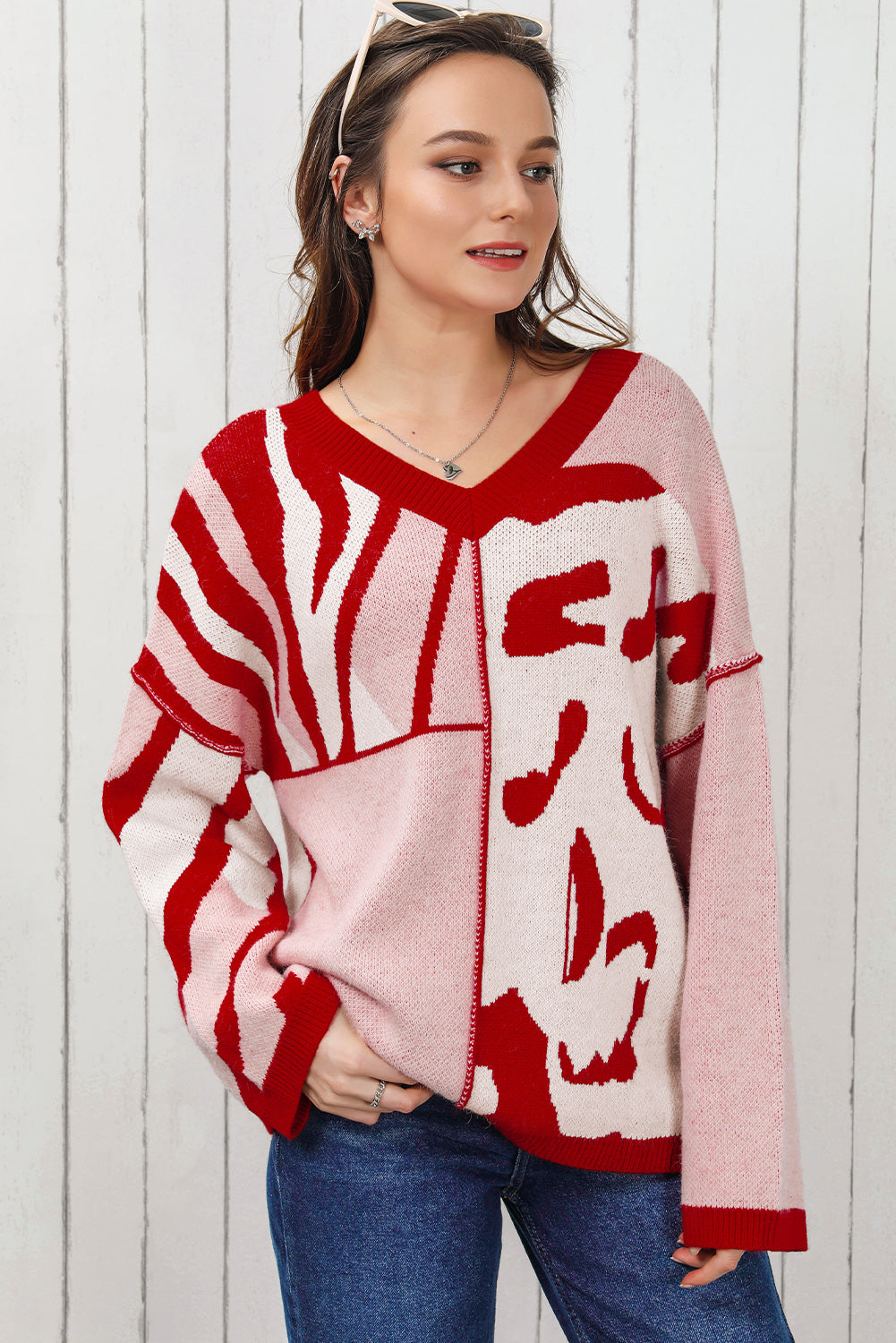 V-Neck Printed Dropped Shoulder Sweater