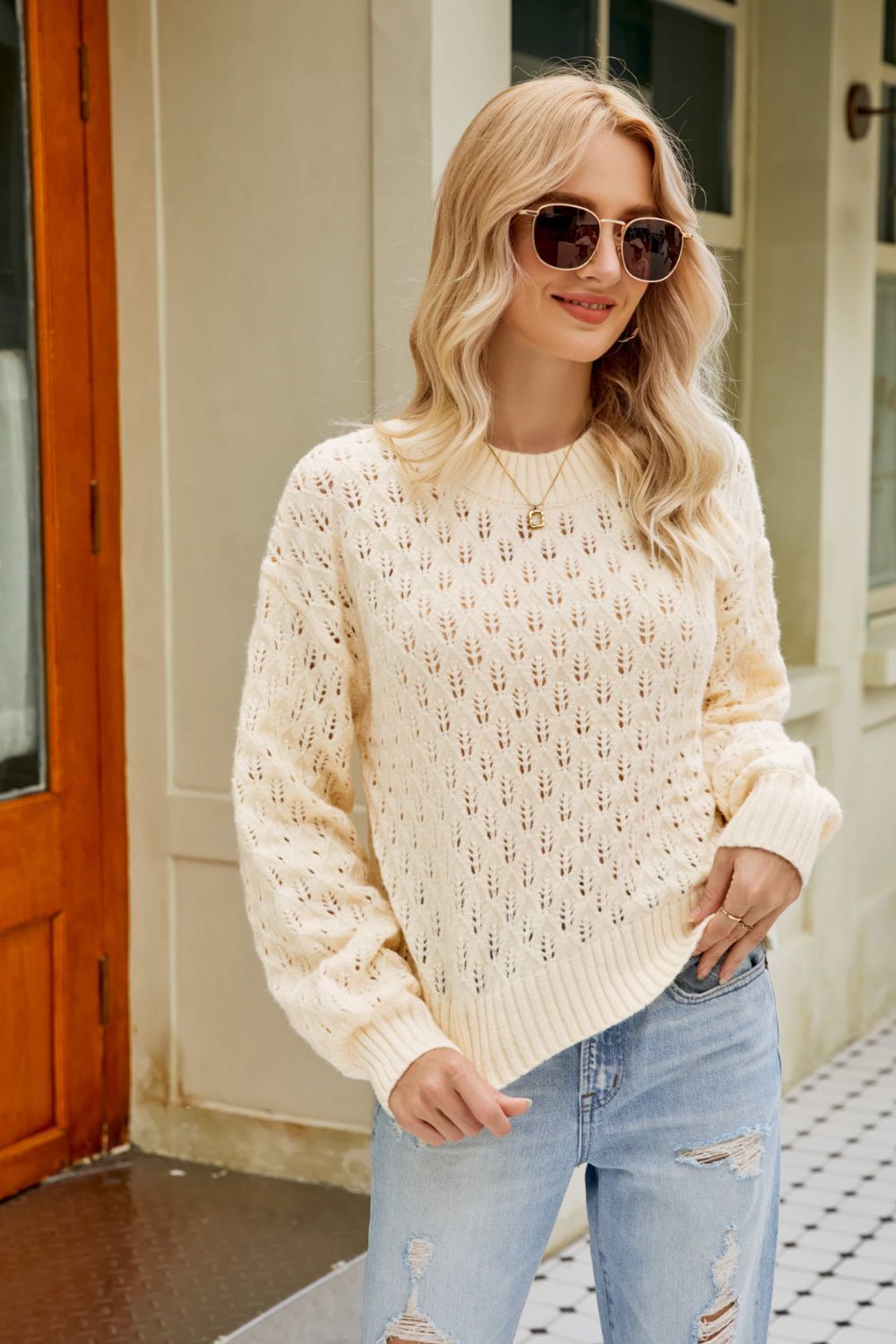 Ribbed Trim Openwork Crewneck Sweater