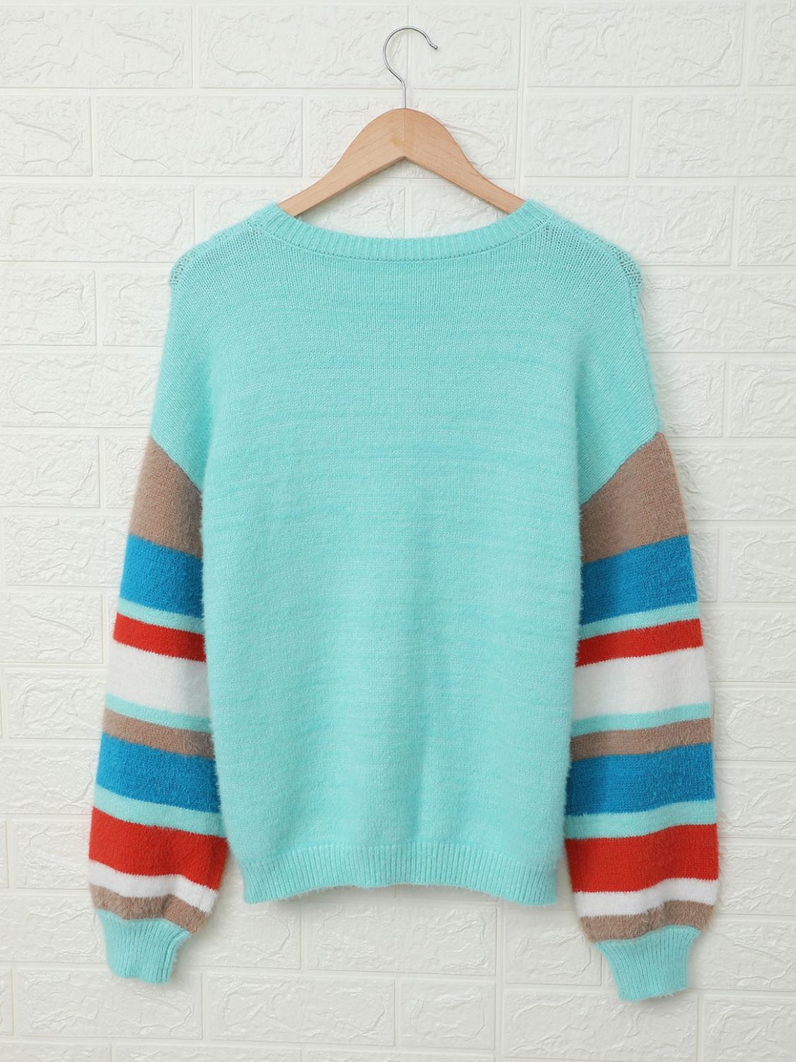 Striped Dropped Shoulder Crewneck Ribbed Trim Sweater