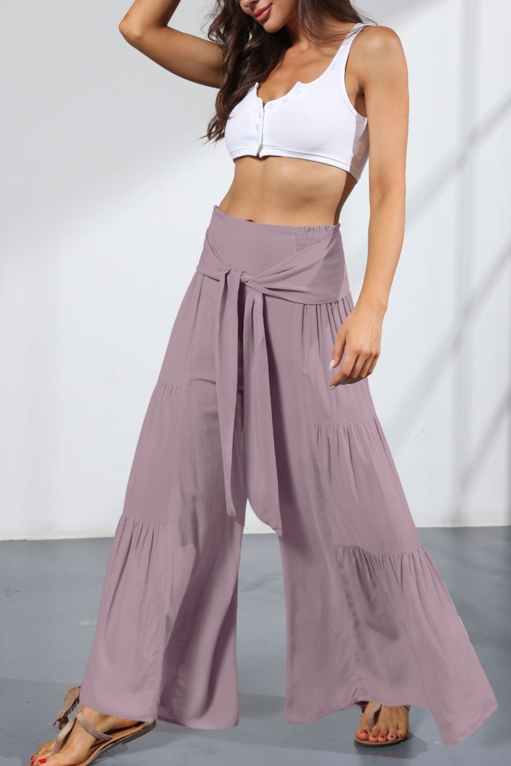 Tie Front Smocked Tiered Culottes