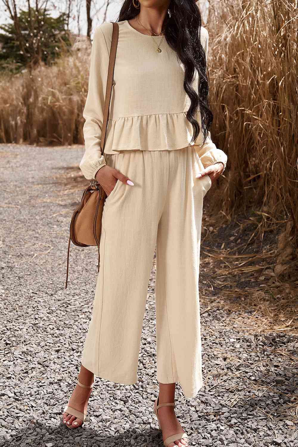 Round Neck Peplum Top and Pants Set