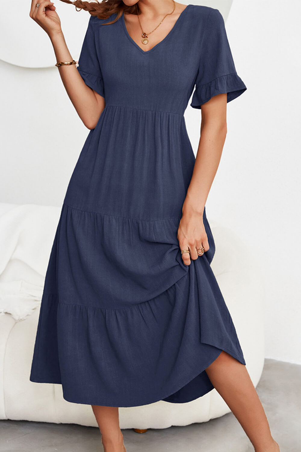 Short Sleeve V-Neck Tiered  Dress