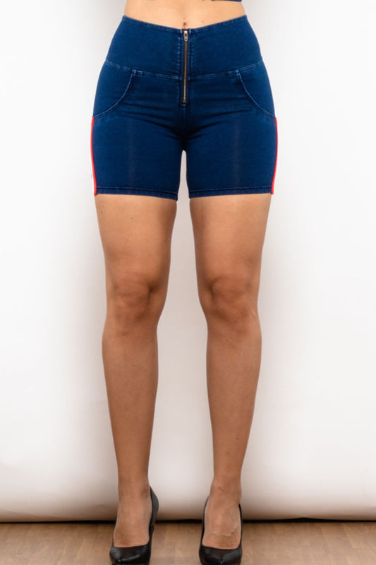 Full Size Side Stripe Zip Closure Denim Shorts