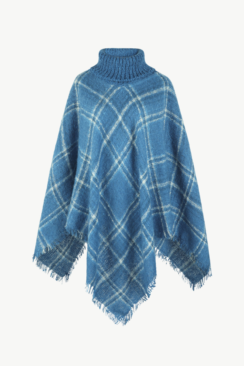 Plaid Turtleneck Fringe Hem Poncho