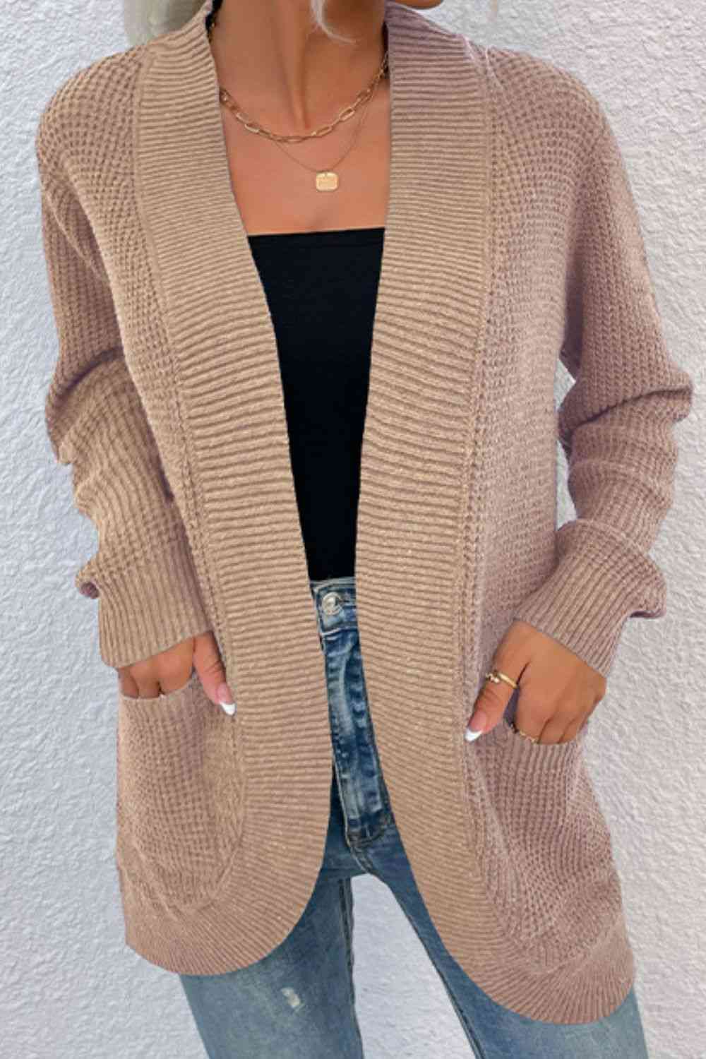 Open Front Rib-Knit Cardigan with Pockets