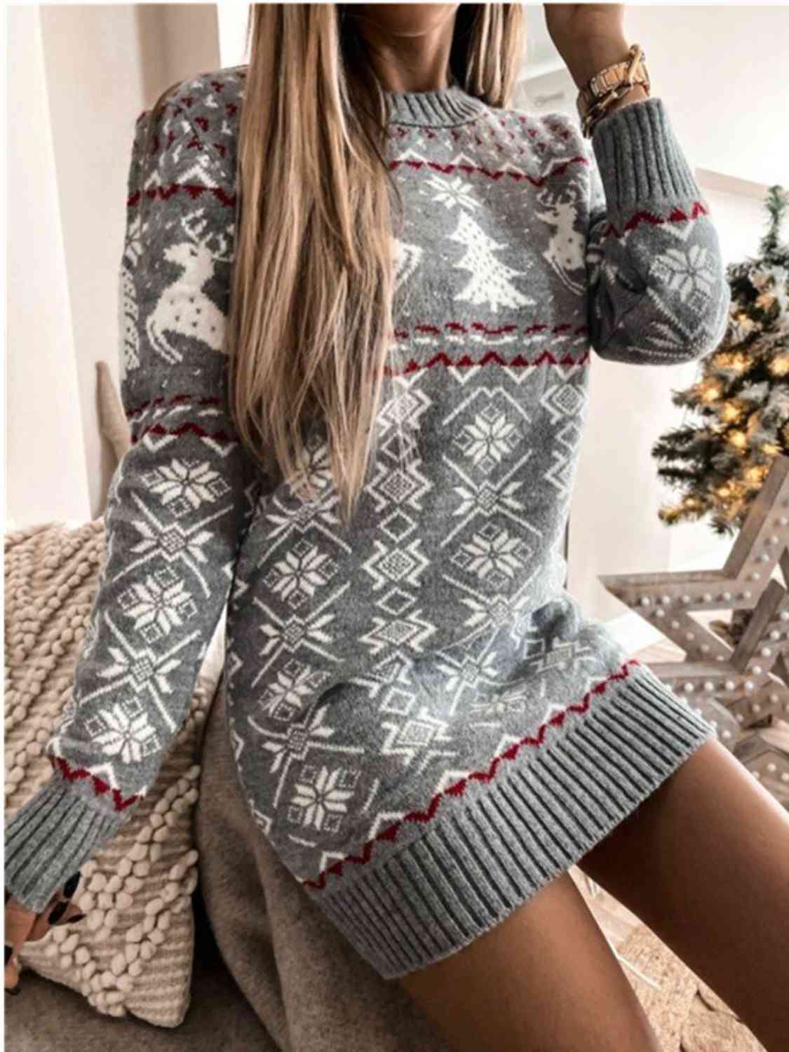 Reindeer & Snowflake Round Neck Sweater Dress