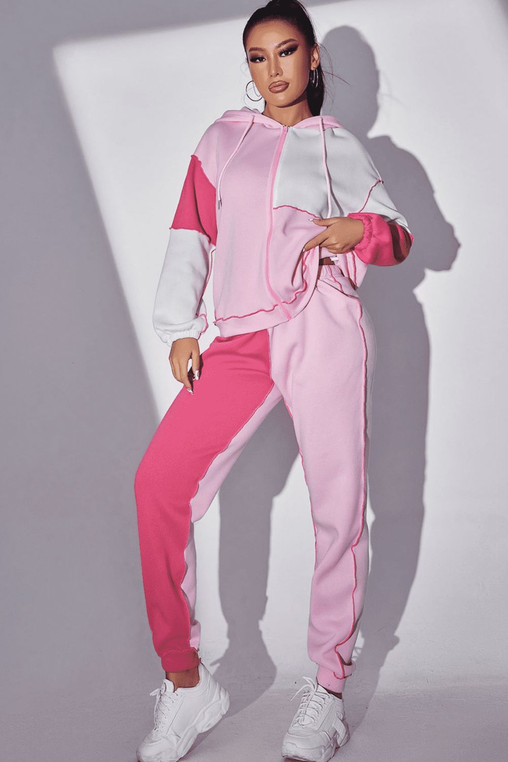 Exposed Seams Color Block Hoodie and Pants Set