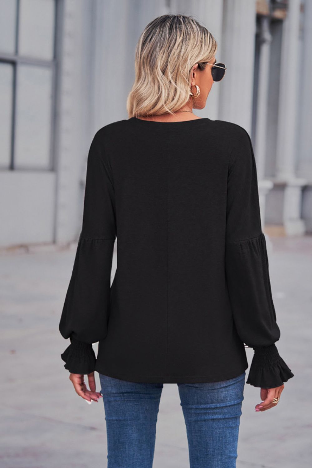 Long Flounce Sleeve Round Neck Top