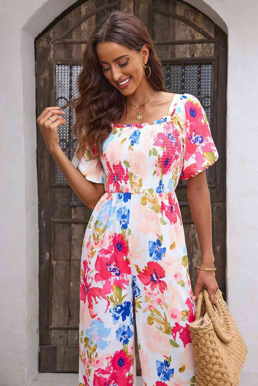 Floral Smocked Square Neck Jumpsuit