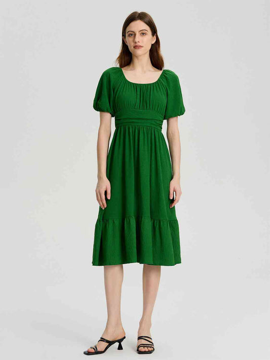 Ruffle Hem Square Neck Balloon Sleeve Dress