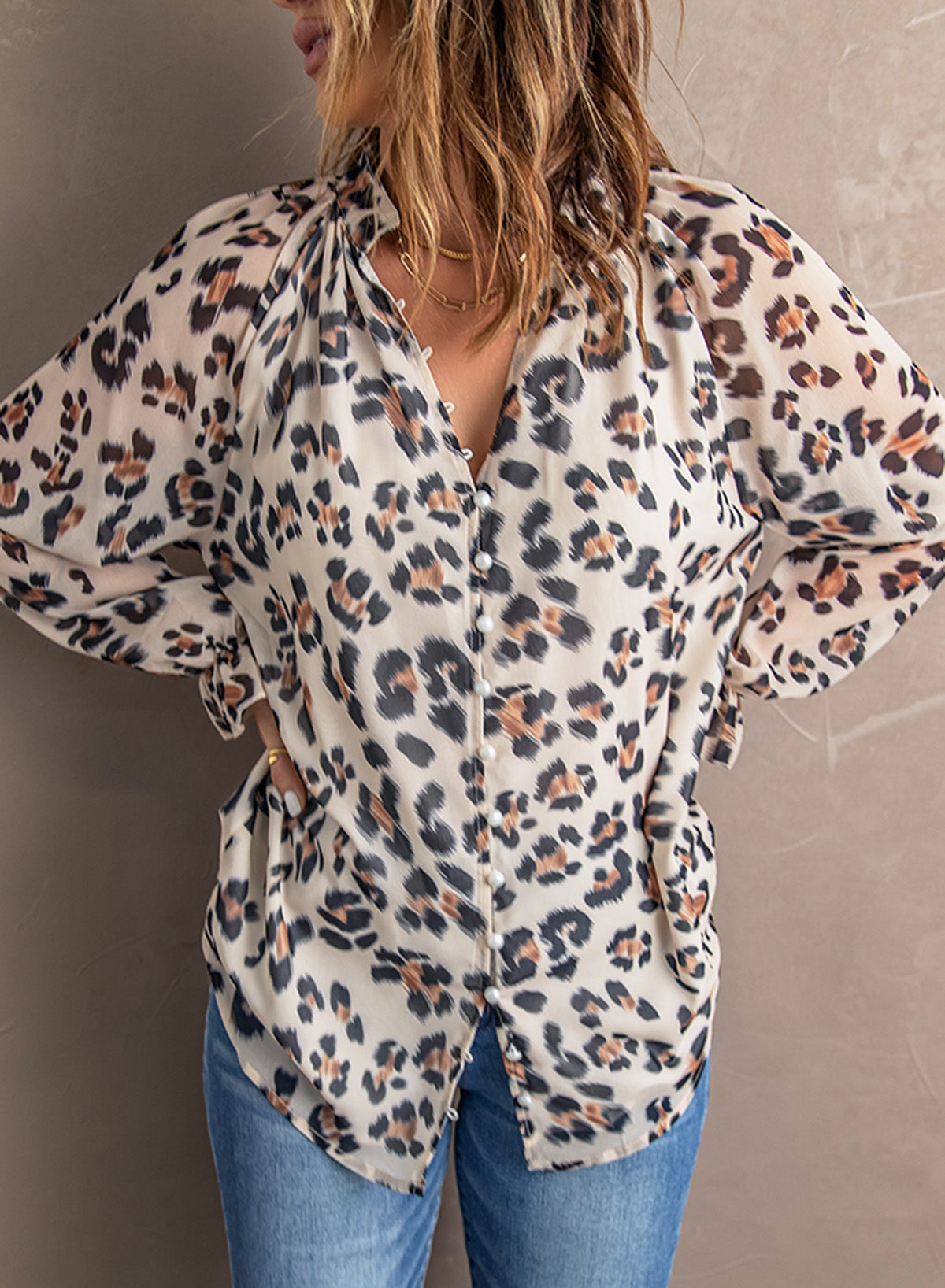 Leopard Button Down Ruched Flounce Sleeve Top