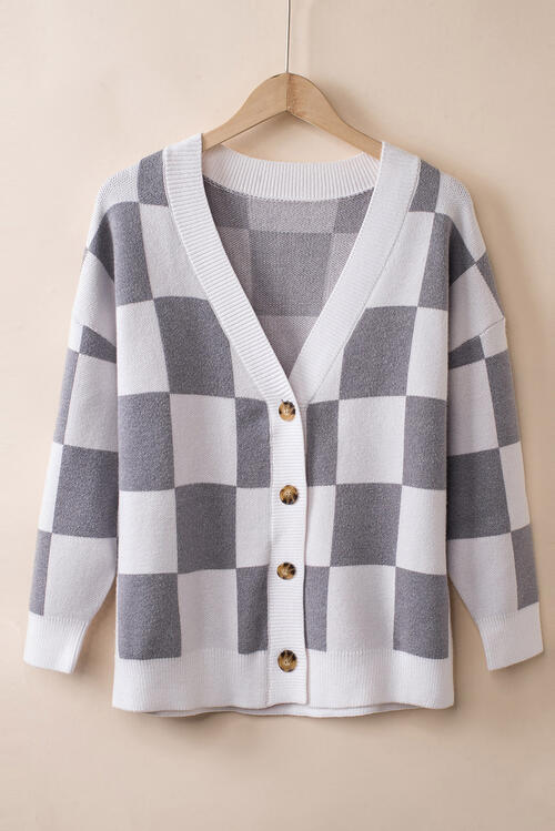 Checkered Button-Up Dropped Shoulder Cardigan