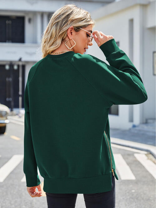 Zip Detail Round Neck Long Sleeve Sweatshirt