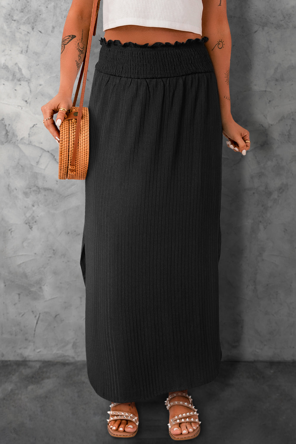 Smocked Waist Slit Maxi Skirt