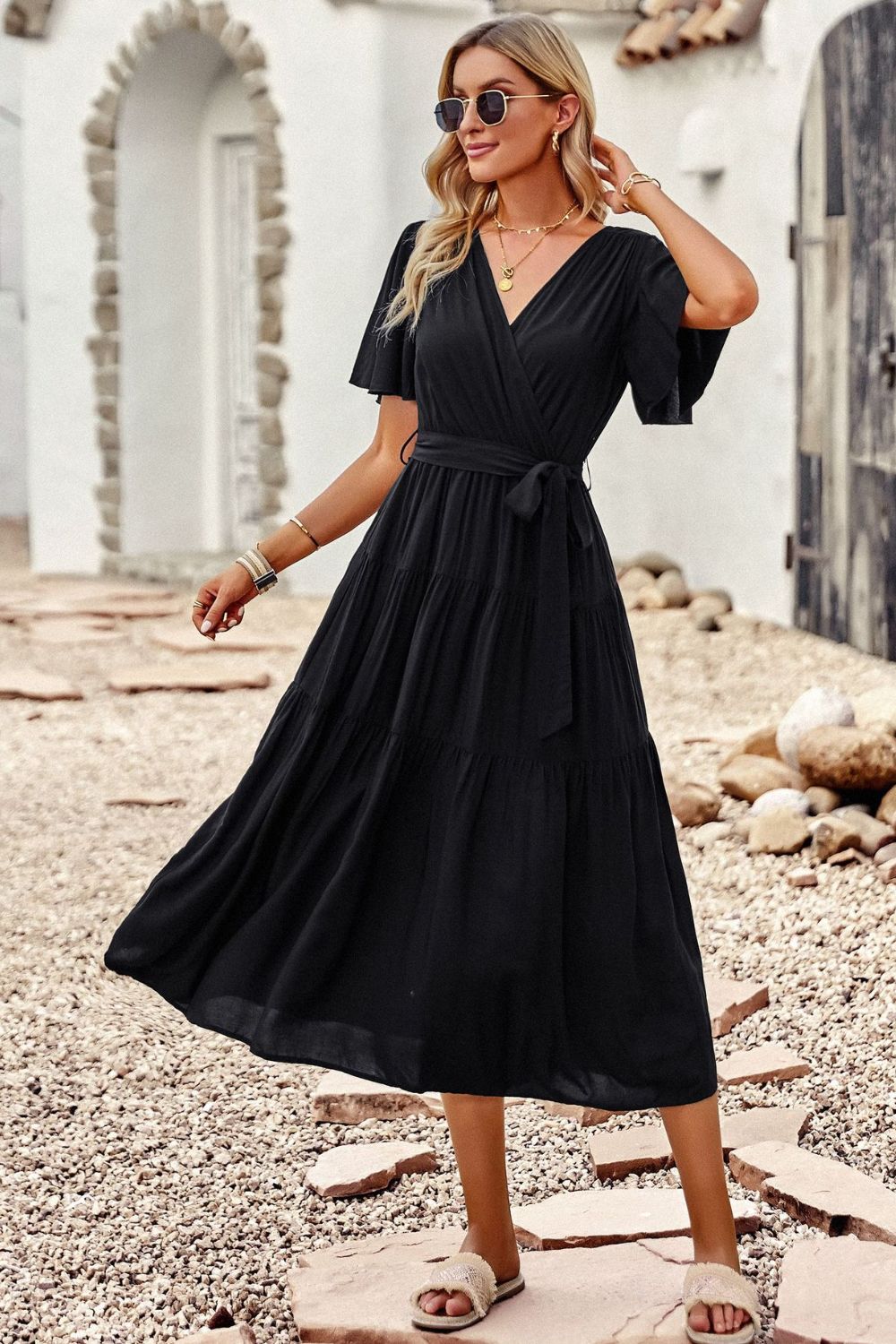 Belted Flutter Sleeve Tiered Surplice Dress