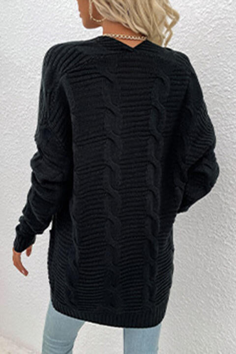 Cable-Knit Open Front Cardigan with Pockets