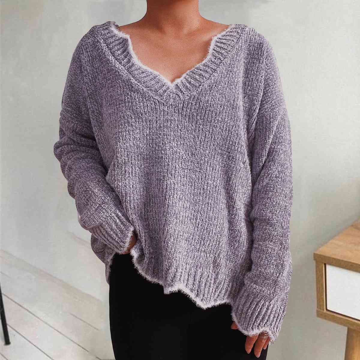 V-Neck Drop Shoulder Long Sleeve Sweater