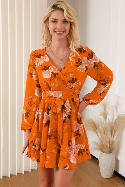 Floral Surplice Layered Tie-Waist Mini Dress