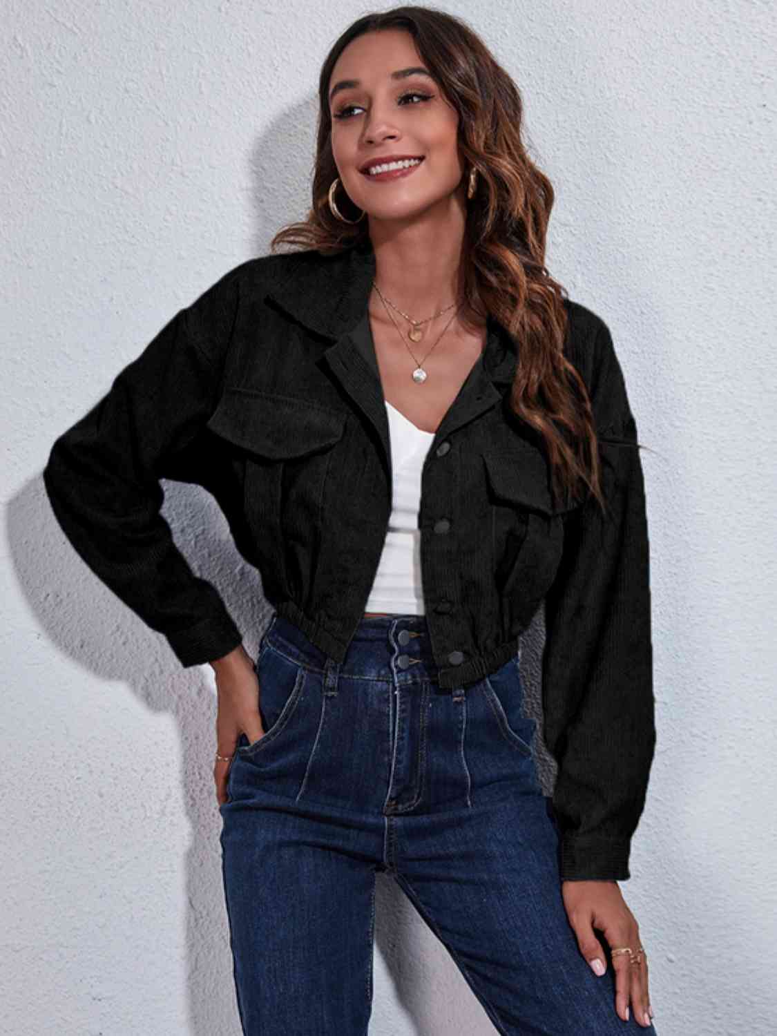 Collared Neck Dropped Shoulder Buttoned Jacket