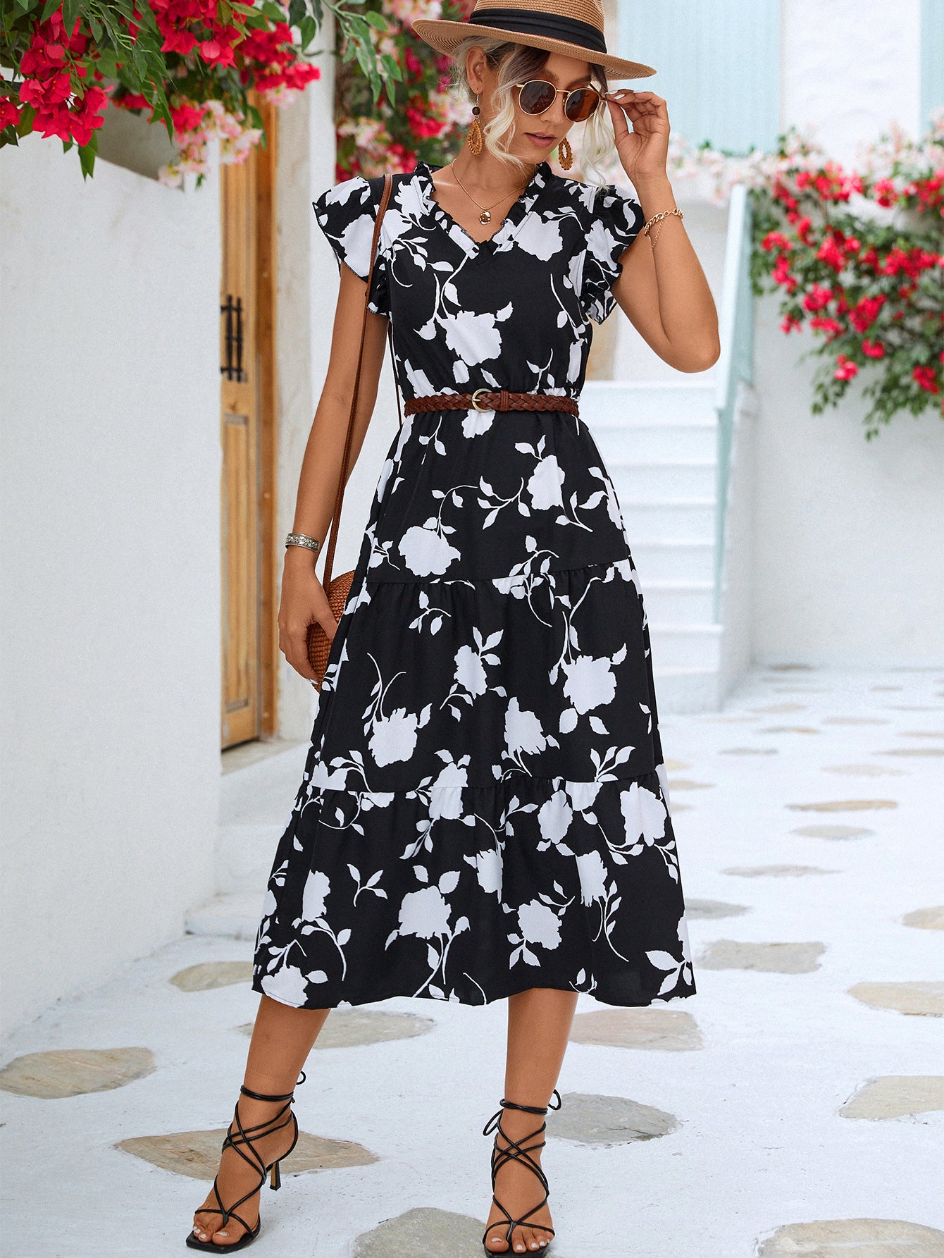 Floral Frill Trim V-Neck Tiered Midi Dress