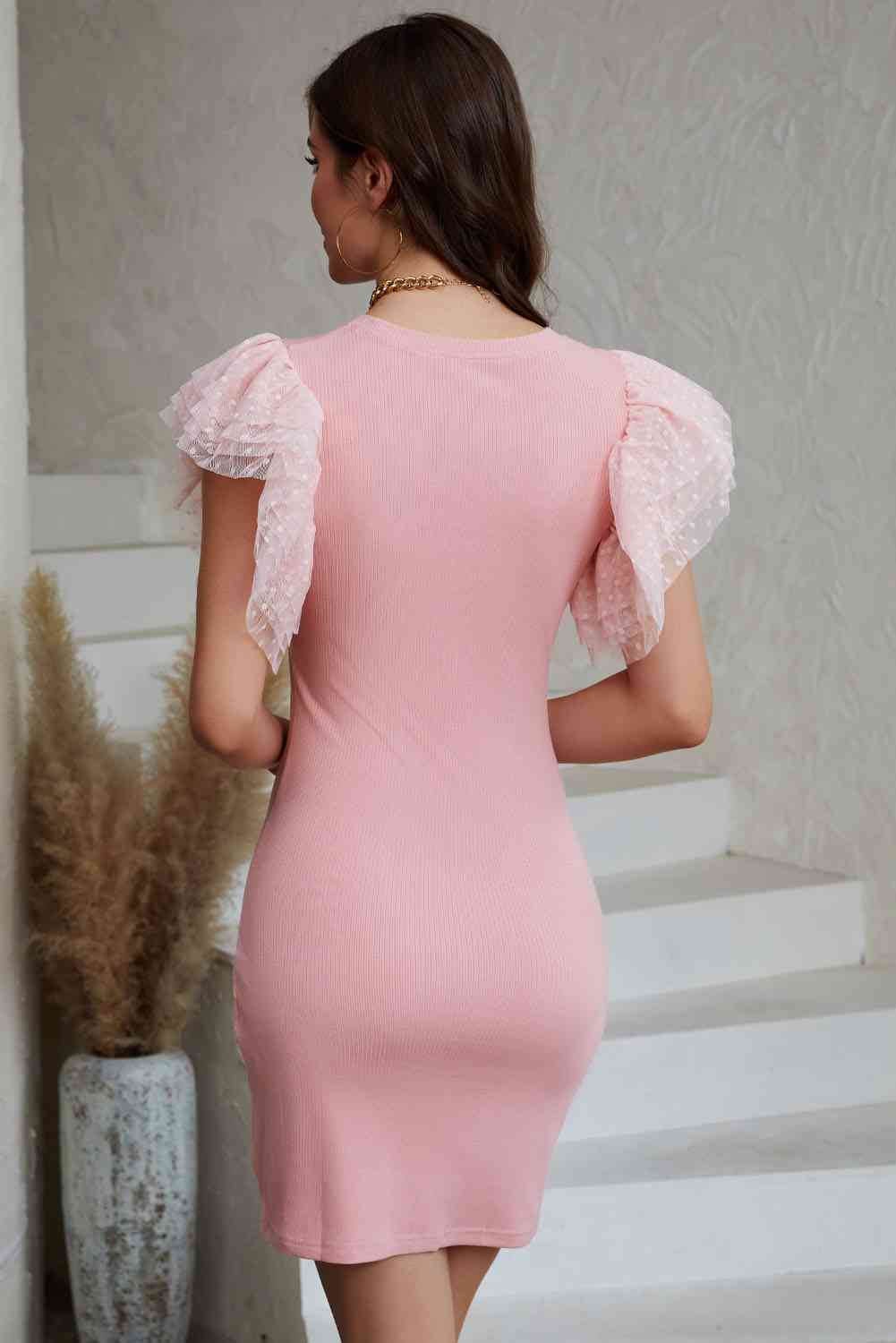 Round Neck Flutter Sleeve Dress