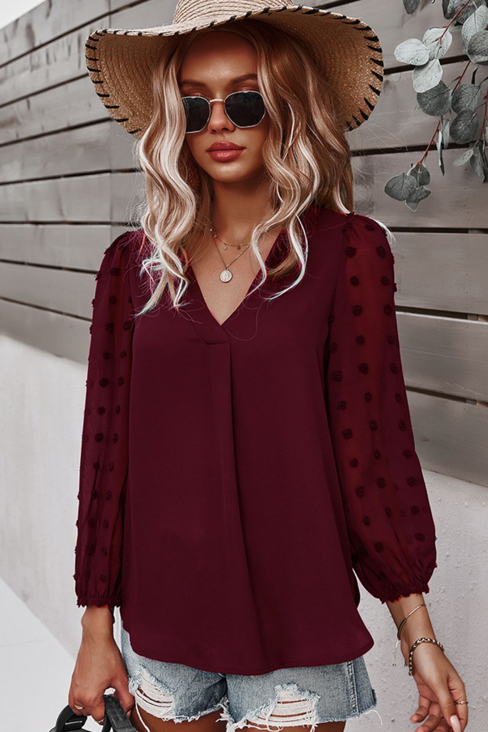 Swiss Dot Puff Sleeves V-Neck Blouse