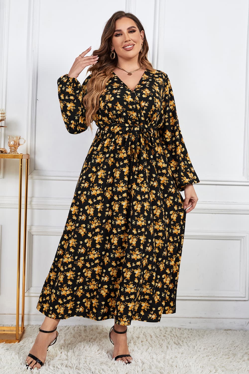 Plus Size Floral Surplice Neck Long Sleeve Dress