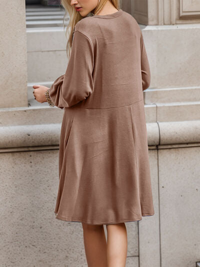 Half Button V-Neck Long Sleeve Dress with Pockets