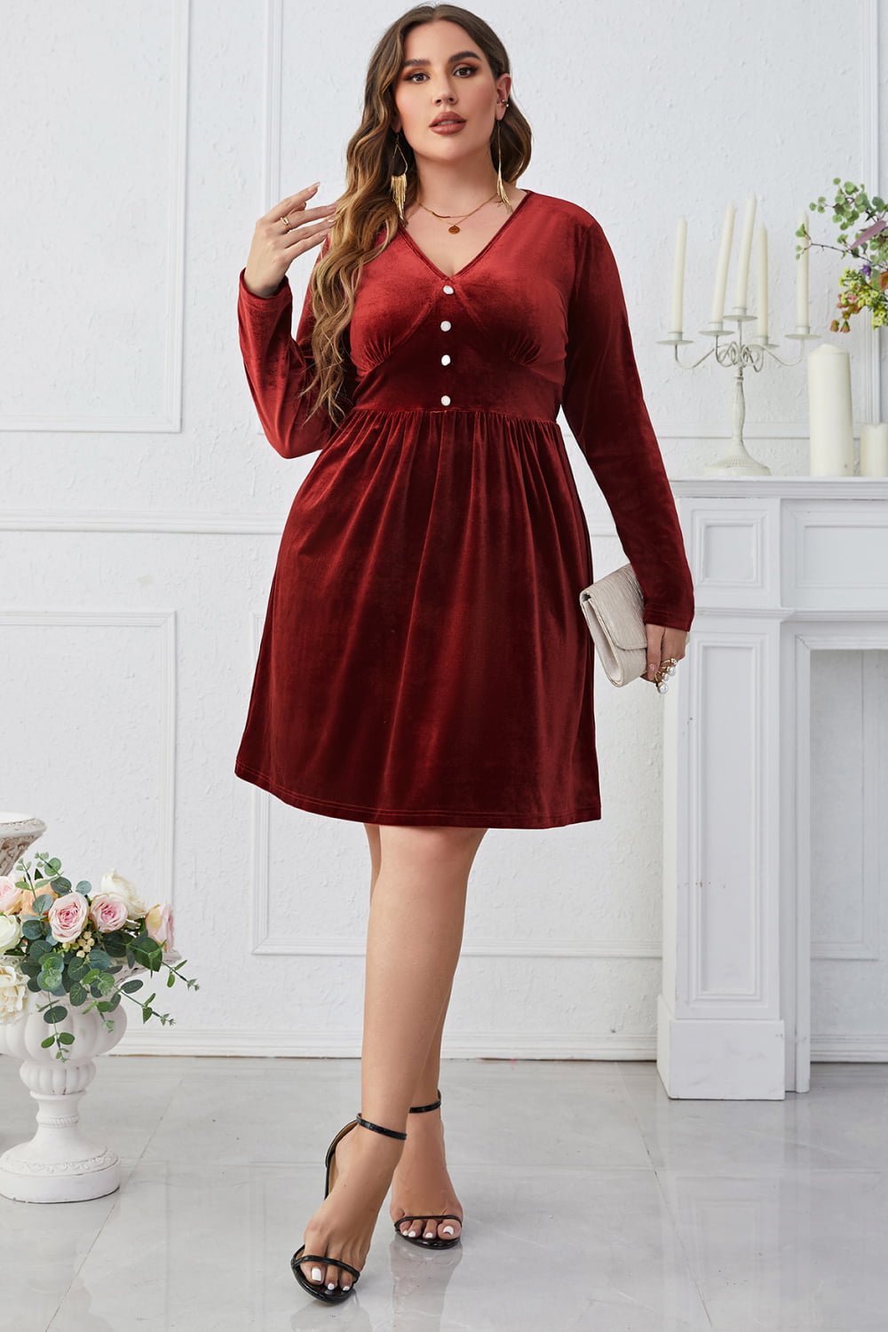 Plus Size V-Neck Decorative Button Knee Length Dress