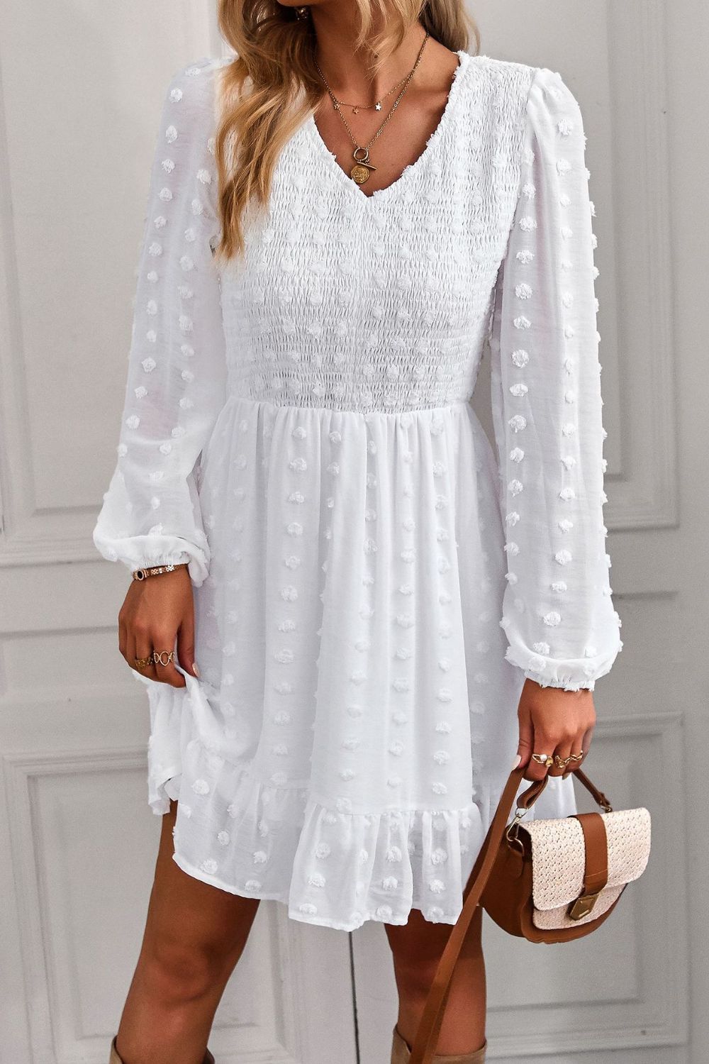 Swiss Dot Smocked V-Neck Ruffled Hem Dress