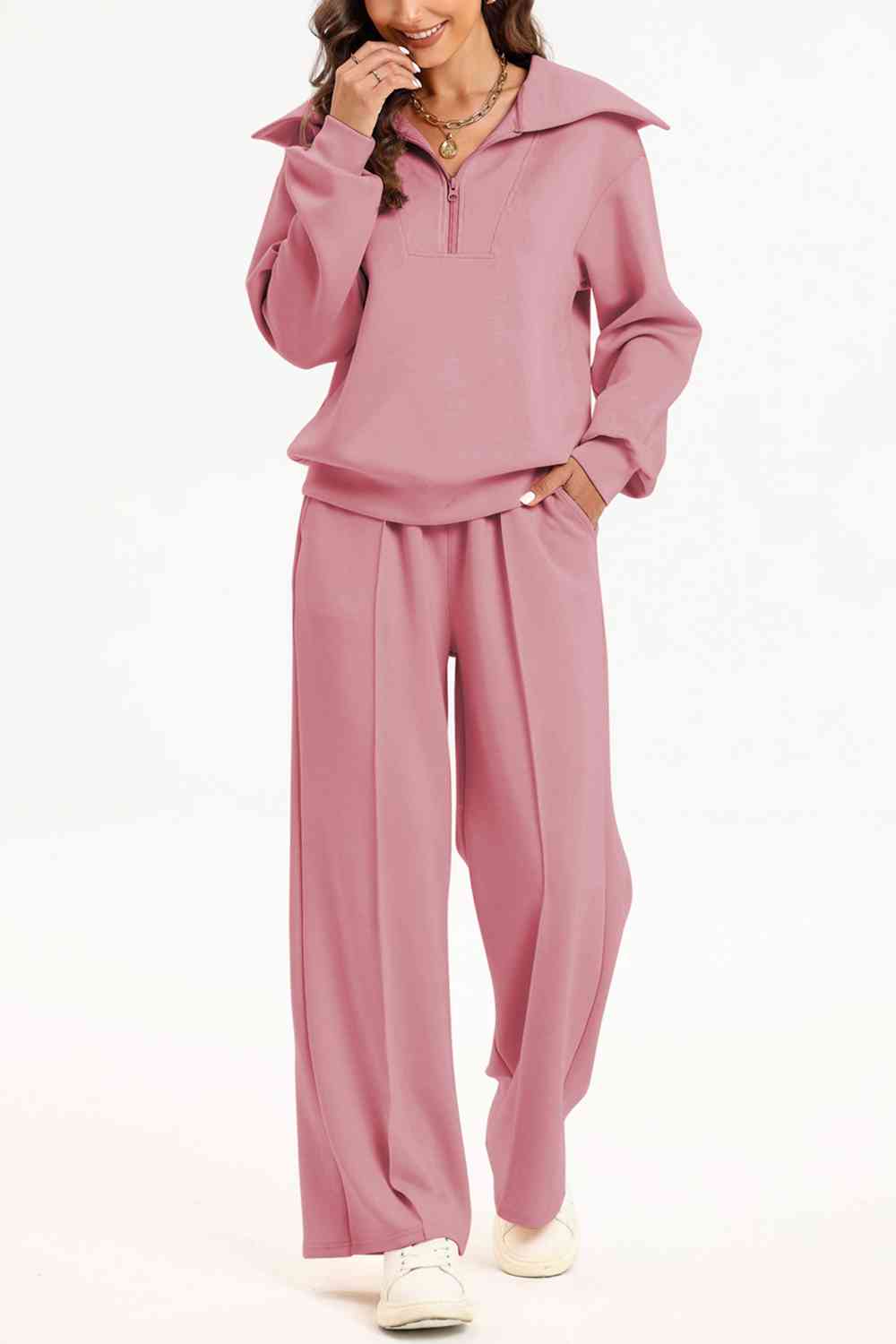 Half Zip Collared Neck Sweatshirt and Pants Set