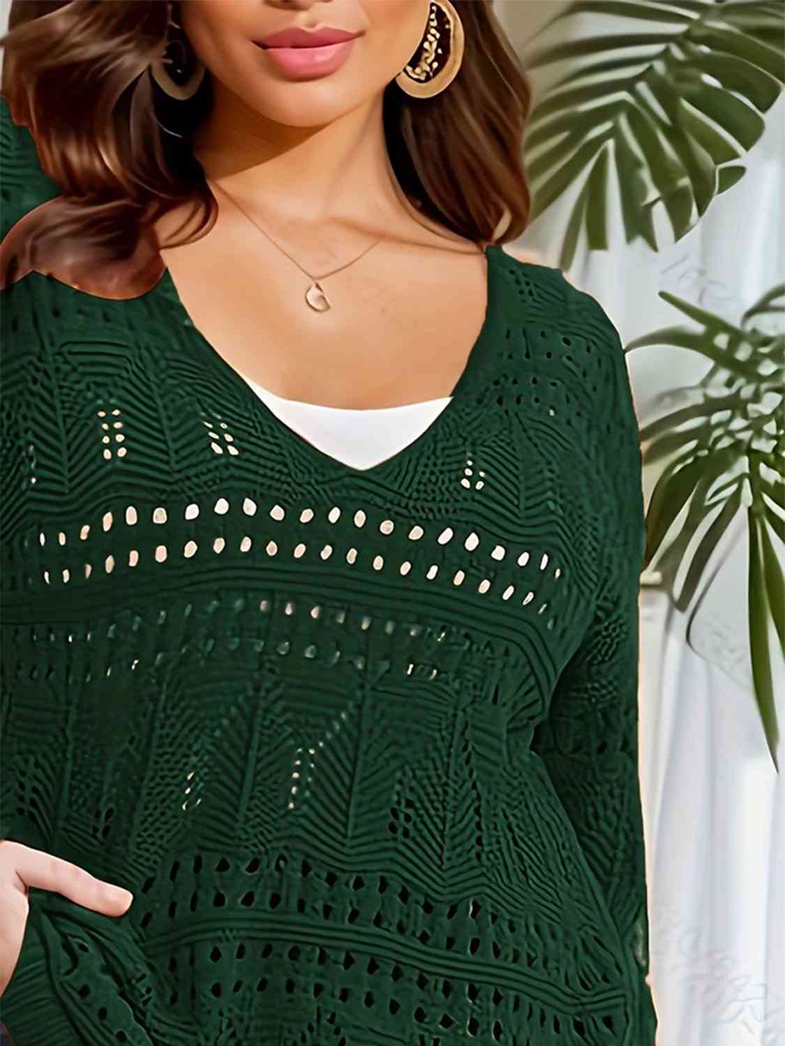 Plus Size Openwork Plunge Long Sleeve Sweater