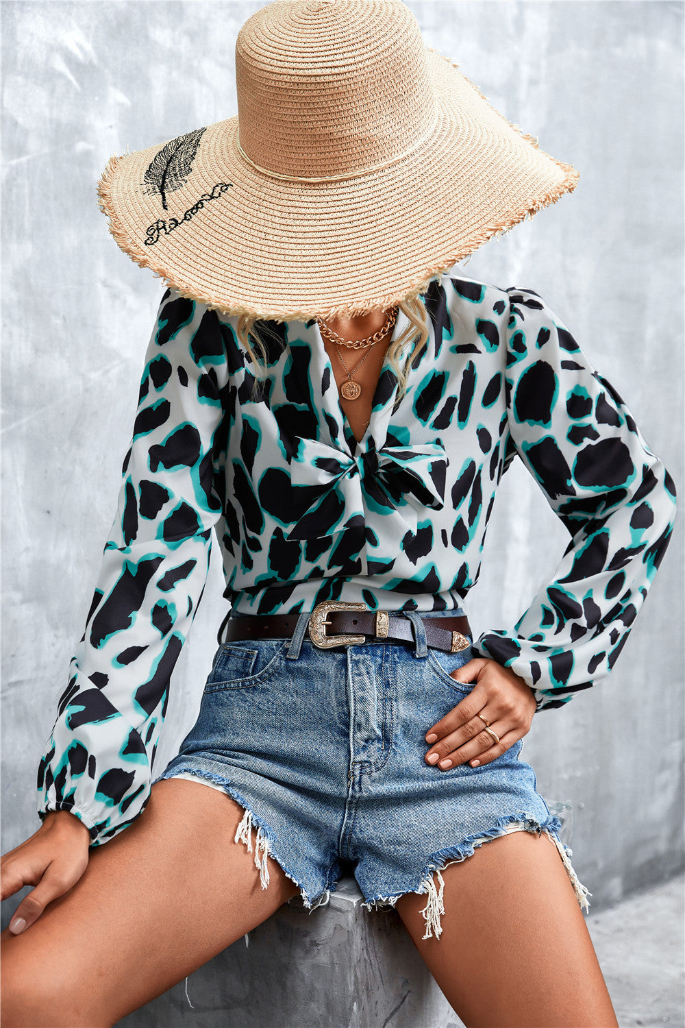 Printed Tie Neck Puff Sleeve Blouse