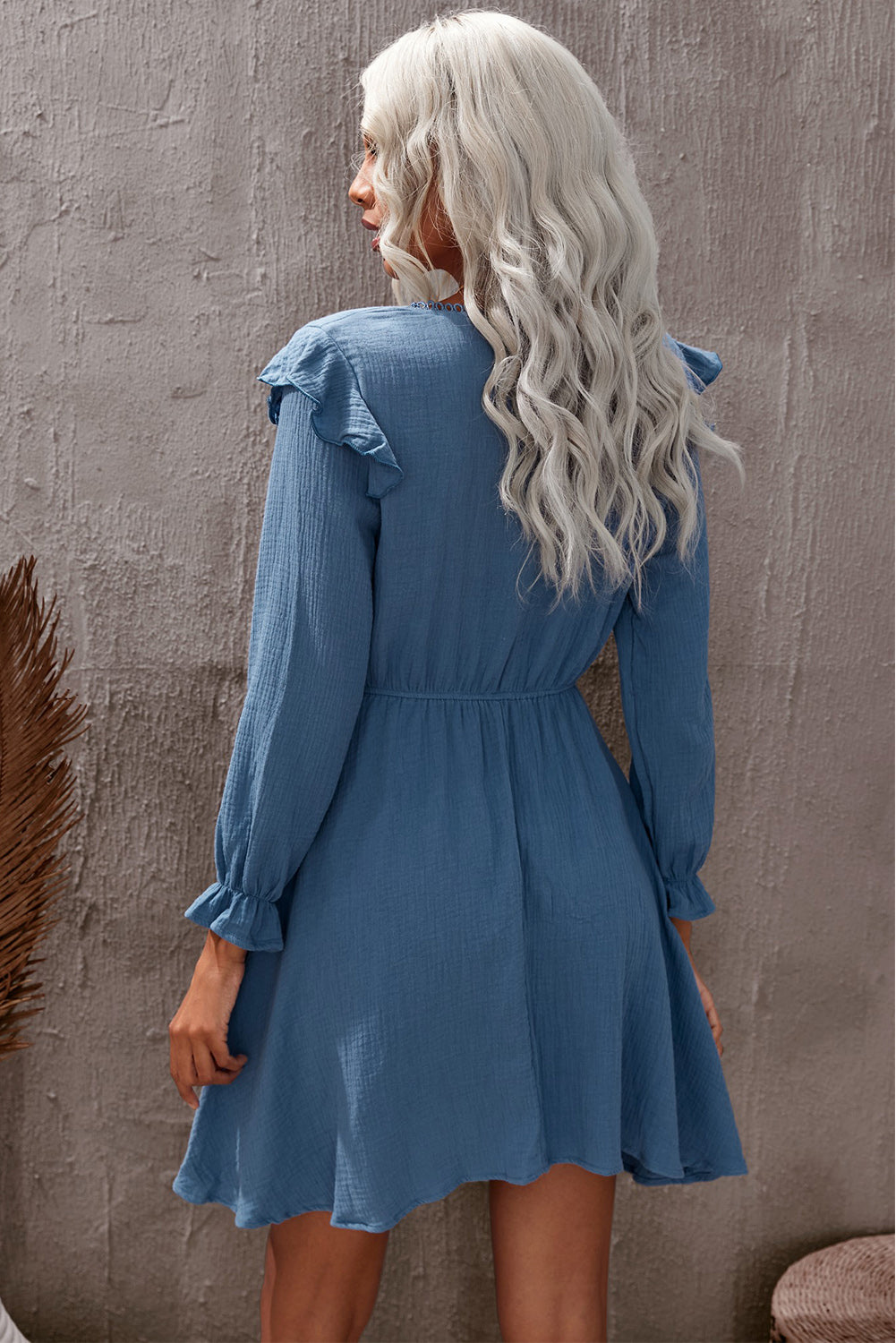 Ruffled V-Neck Flounce Sleeve Textured Dress