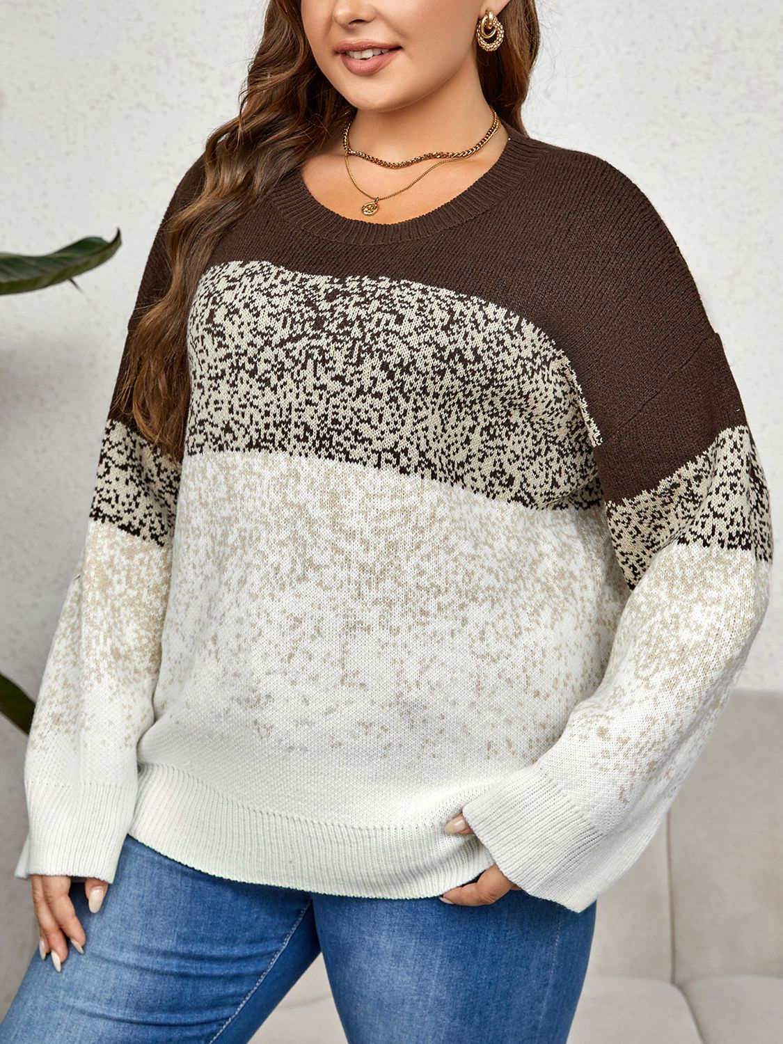 Plus Size Round Neck Long Sleeve Printed Sweater