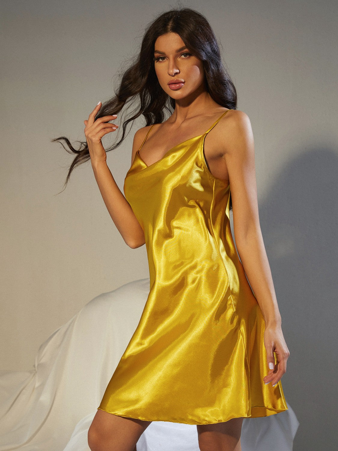 Spaghetti Strap Cowl Neck Satin Night Dress