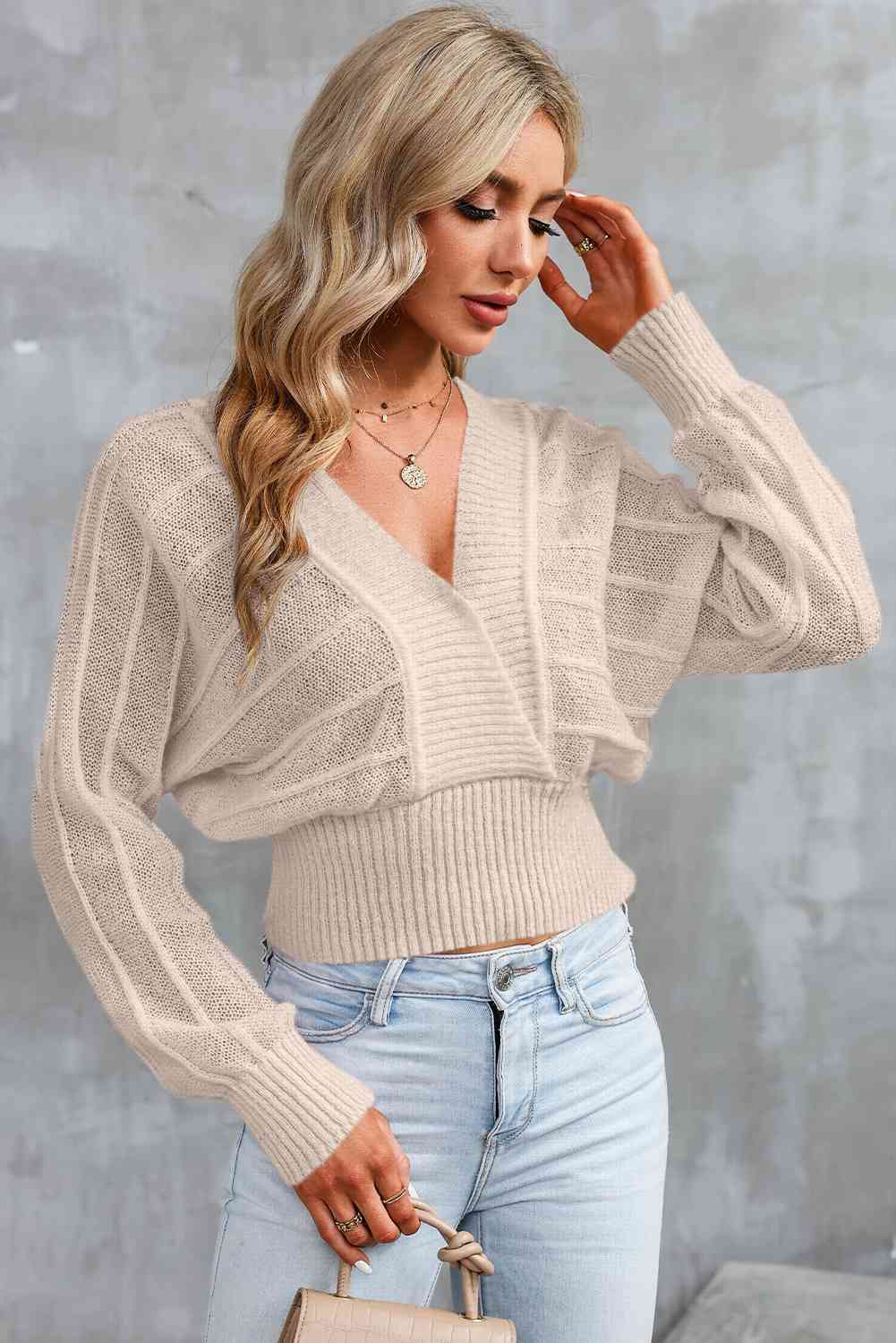 Surplice Neck Lace-Up Sweater