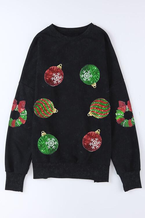 Sequin Christmas Element Round Neck Slit Sweatshirt