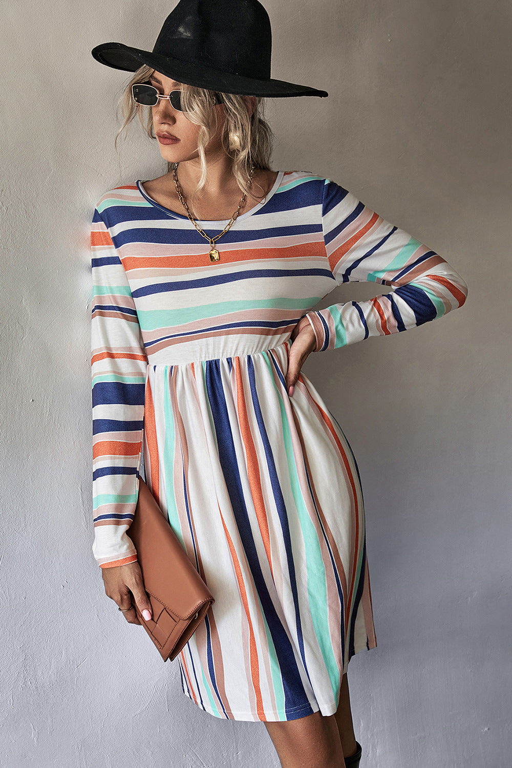 Striped Round Neck Long Sleeve Tee Dress