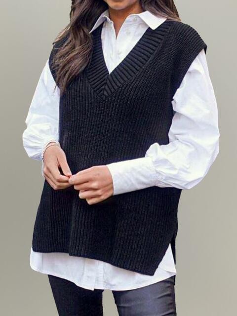 V-Neck Slit Sweater Vest