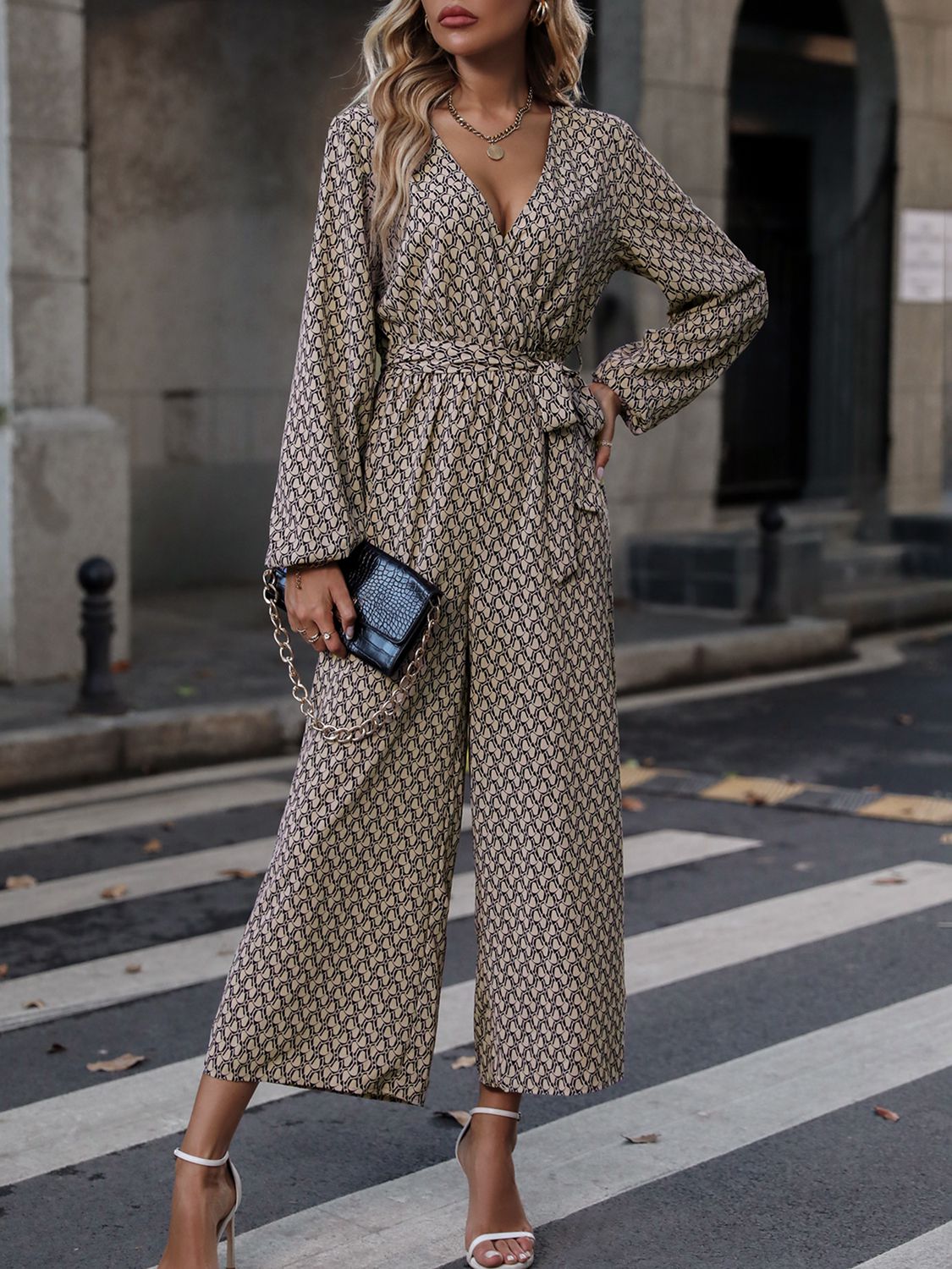 Printed Surplice Neck Tie Waist Wide Leg Jumpsuit