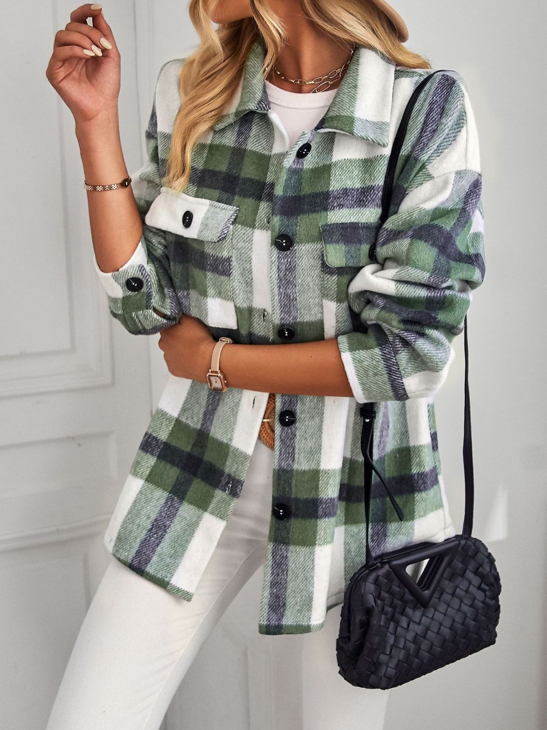 Plaid Button Front Brushed Shacket with Breast Pockets