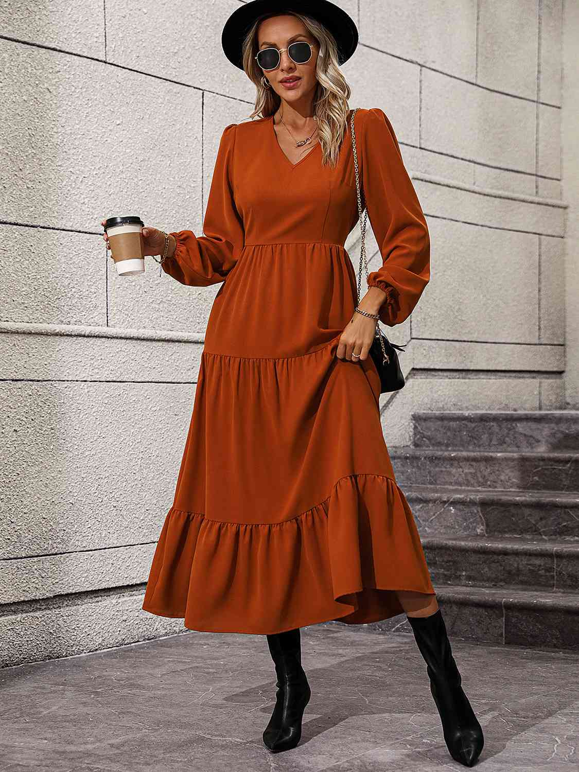 V-Neck Long Sleeve Tiered Dress