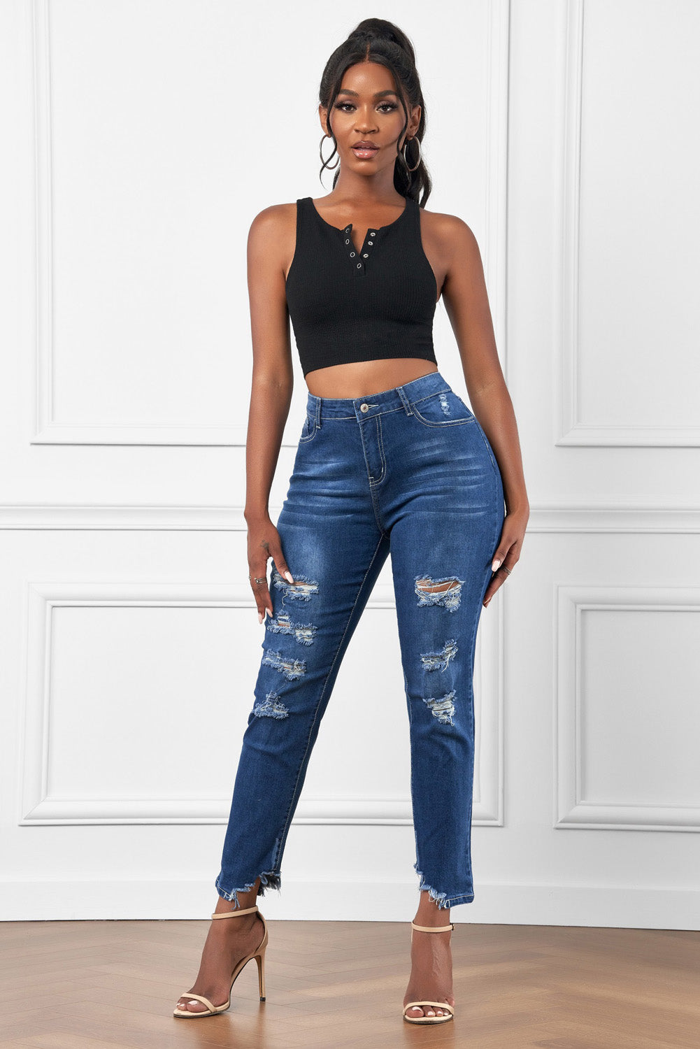 High-Rise Distressed Hem Detail Jeans