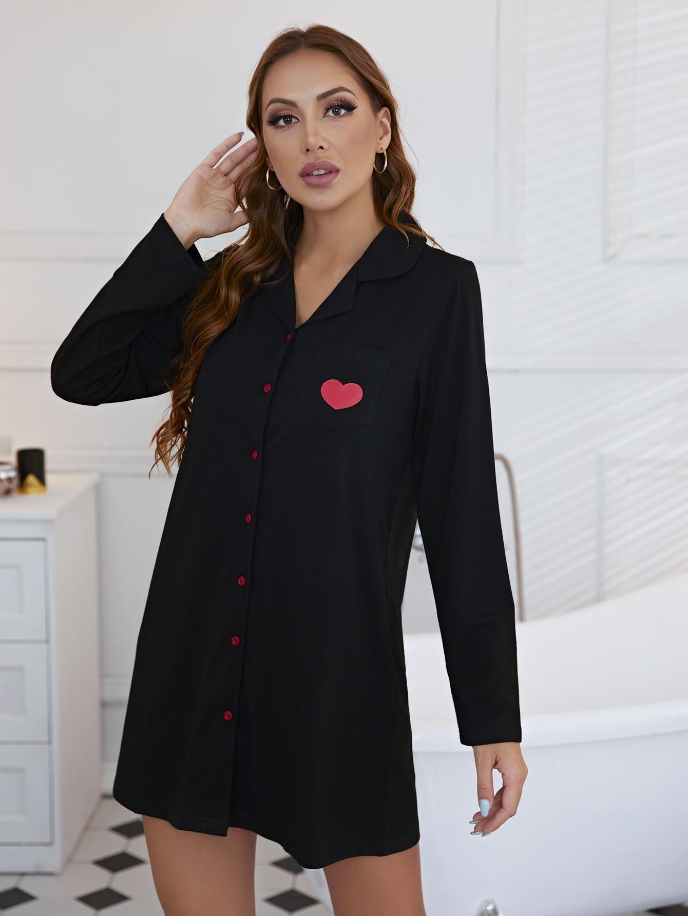 Heart Graphic Lapel Collar Long Sleeve Night Dress