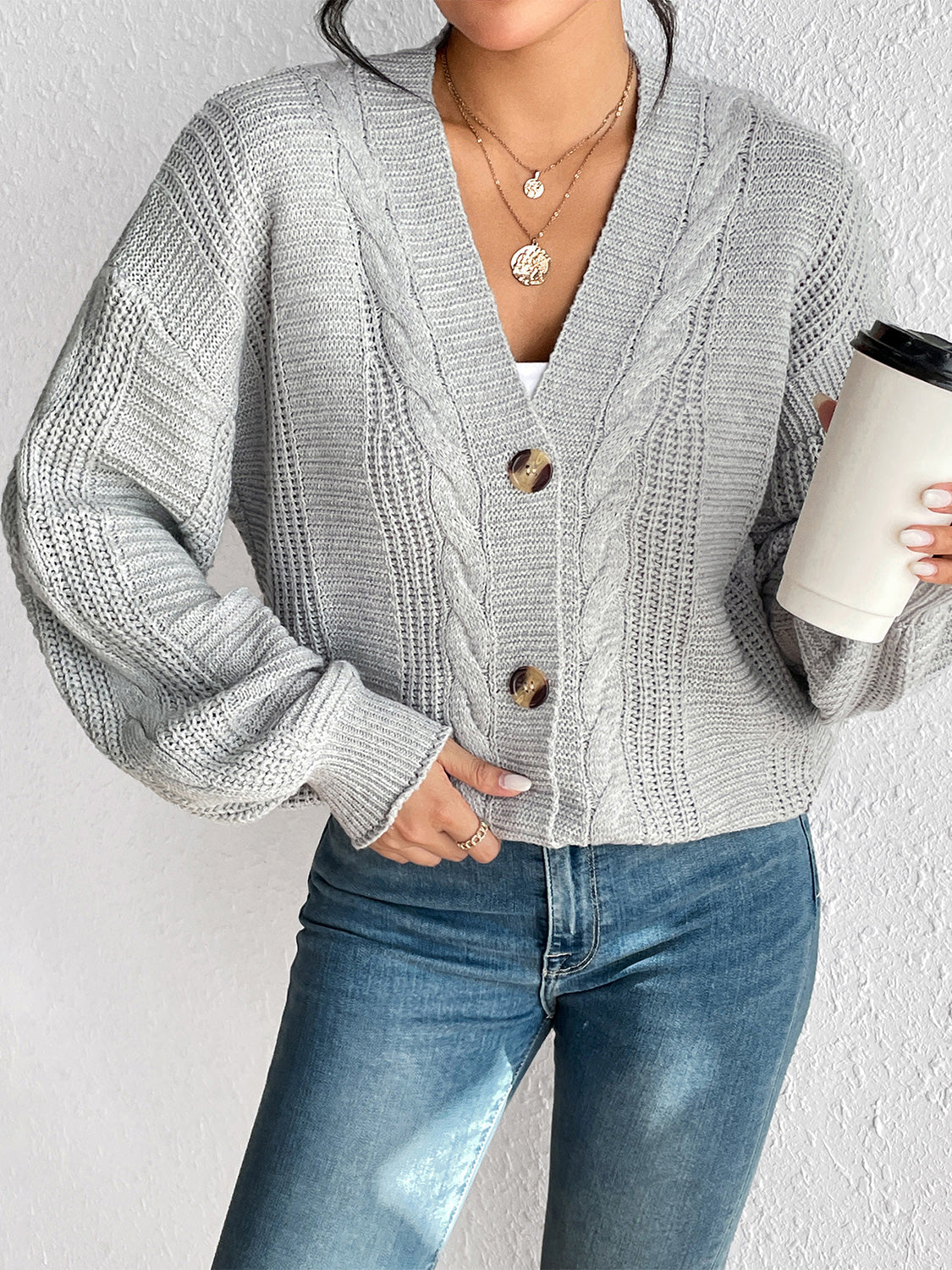 Cable-Knit Button Down Cardigan