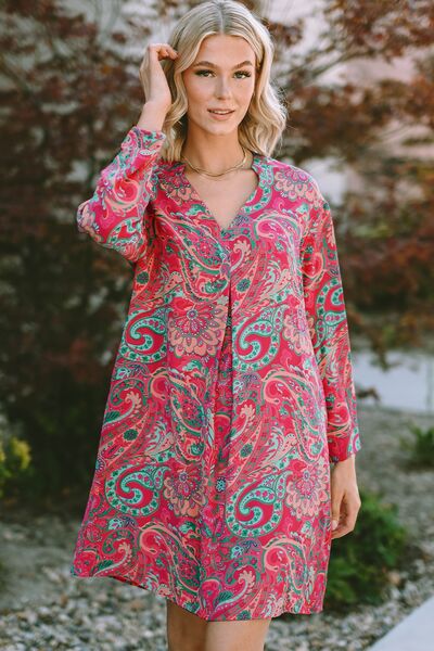 Printed V-Neck Long Sleeve Mini Dress